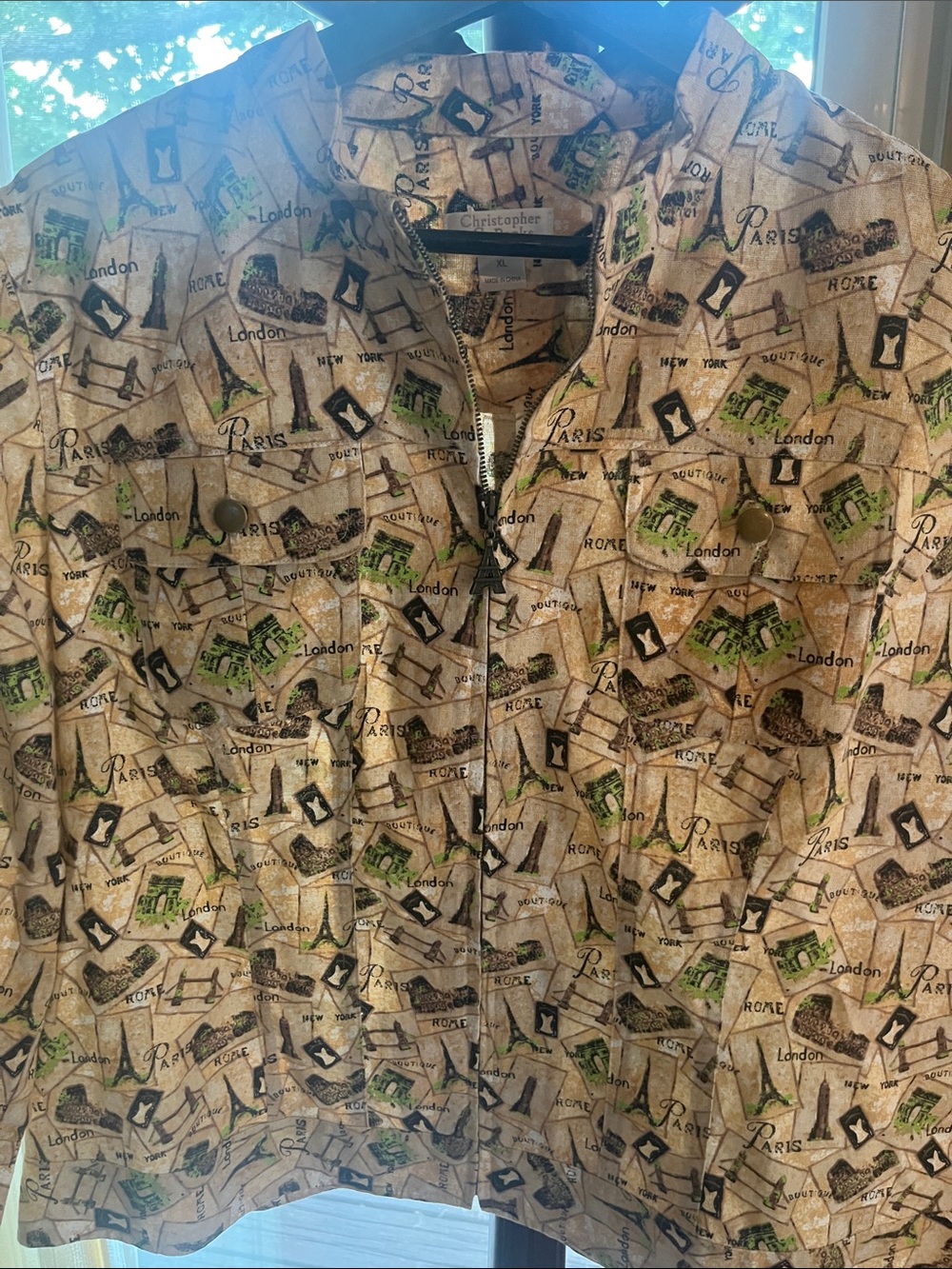 Christopher & Banks Beige Travel Postcard Zip Jacket with Green Accents